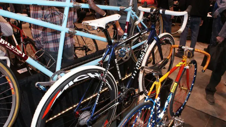 The fillet-brazed "Baltimore Bullet" has all the bells: Miche carbon wheels, cranks and stem, Force drivetrain, and limited edition Brooks Swallow saddle © Greg Klinsporns