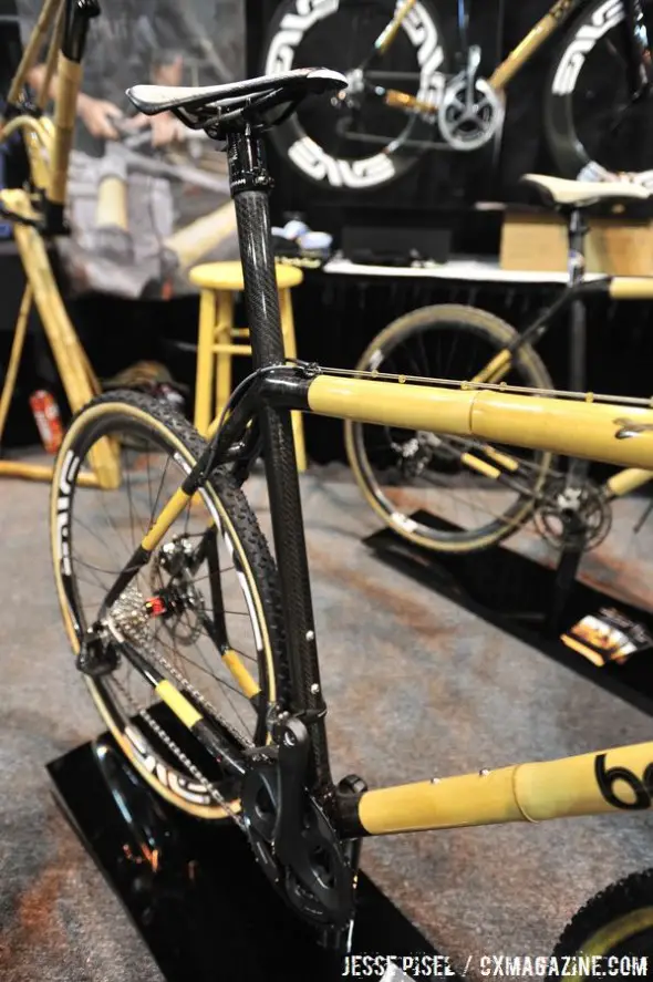 The seat tube/ seat mast are one long carbon tube, with hand-woven carbon fiber securing the bamboo top tube and stays. © Jesse Pisel The seat tube/ seat mast are one long carbon tube, with hand-woven carbon fiber securing the bamboo top tube and stays. © Jesse Pisel