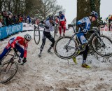 Zahner on a slippery, snowy turn. Courtesy of Simon Zahner