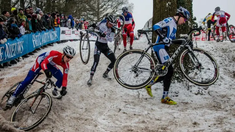 Zahner on a slippery, snowy turn. Courtesy of Simon Zahner