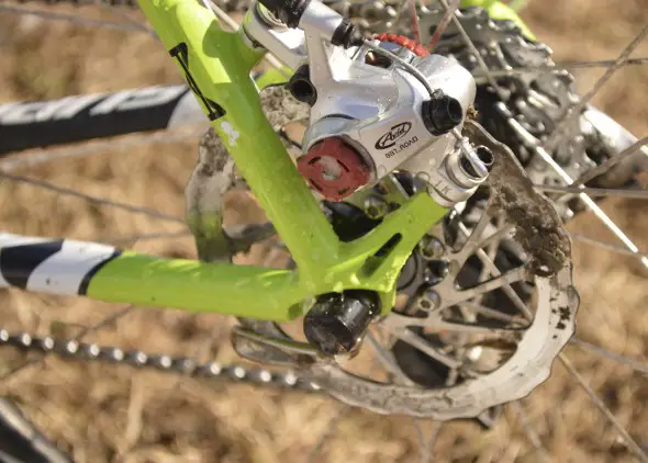 Reard 140mm solid rotors on Ryan Trebon's Cannondale SuperX High Mod Disc cyclocross bike. © Clifford Lee