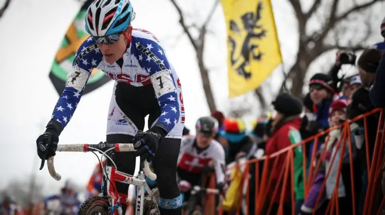 Katie Compton drops the hammer in the Elite Women World Championships of Cyclocross 2013 © Meg McMahon