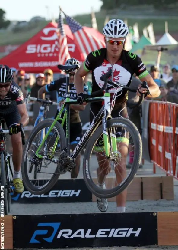 Trebon takes the barriers at the Raleigh cyclocross race at Sea Otter. © Cyclocross Magazine