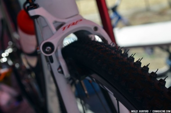 These aren't new cyclocross brakes, this is just Paxson's road machine with clinchers put on an hour before race end. © Cyclocross Magazine These aren't new cyclocross brakes, this is just Paxson's road machine with clinchers put on an hour before the race start. © Cyclocross Magazine