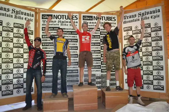 Cyclocrosser Justin Lindine tops the podium, while Brian Matter takes third at the Trans-Sylvania Epic stage race. © Cyclocross Magazine