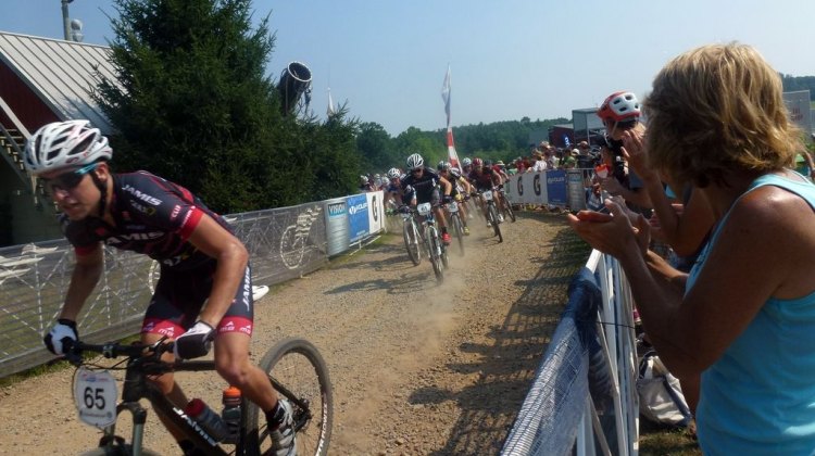 Skyler Trujillo snags the holeshot in the U23 race at MTB Nationals. © Cyclocross Magazine