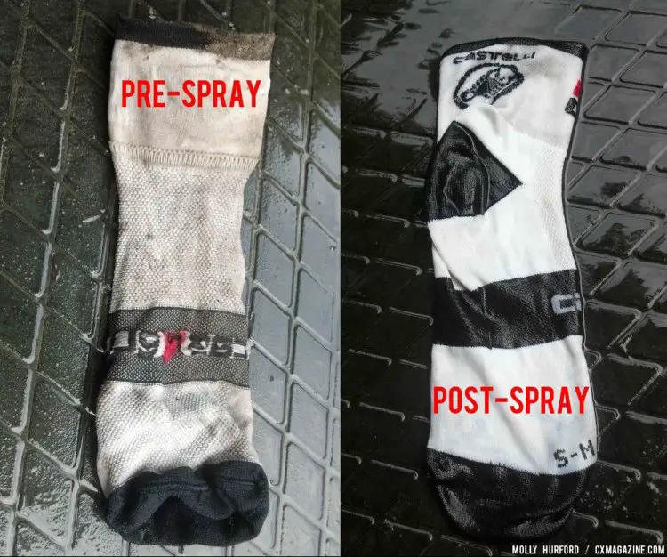 Cleaning with a hose makes a difference. Pre-spray and post-spray socks. © Cyclocross Magazine