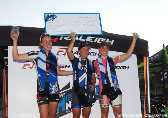 Podium, L to R: Erika Zaveta, Caroline Mani, Amanda Carey at Raleigh Midsummer Nights Cross. © Cyclocross Magazine Podium, L to R: Erika Zaveta, Caroline Mani, Amanda Carey at Raleigh Midsummer Nights Cross. © Cyclocross Magazine