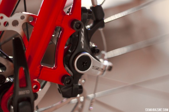 TRP's dual piston Spyre mechanical disc brakes handle stopping on the Raleigh Tamland 2 gravel bike. © Cyclocross Magazine