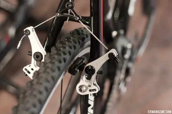The semi-low profile TRP Revox cantilever brakes offer a good amount of adjustability with great stopping power and mud clearance. © Cyclocross Magazine The semi-low profile TRP Revox cantilever brakes offer a good amount of adjustability with great stopping power and mud clearance. © Cyclocross Magazine
