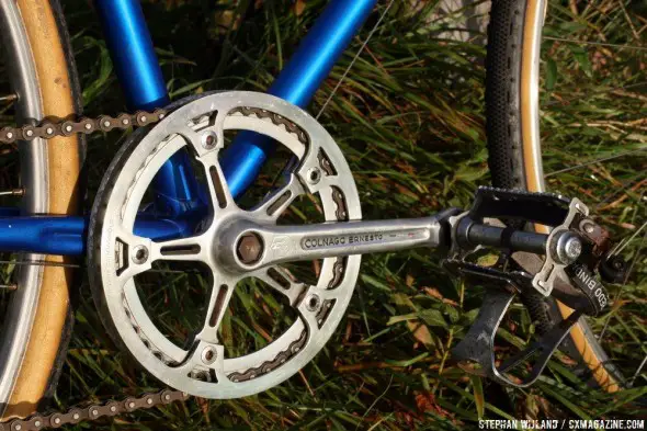 A single ring kept de Vlaeminck's chain on, thanks to custom-made bashguards made from chainrings with teeth machined off. Toe Clips! © Stephan Wijland