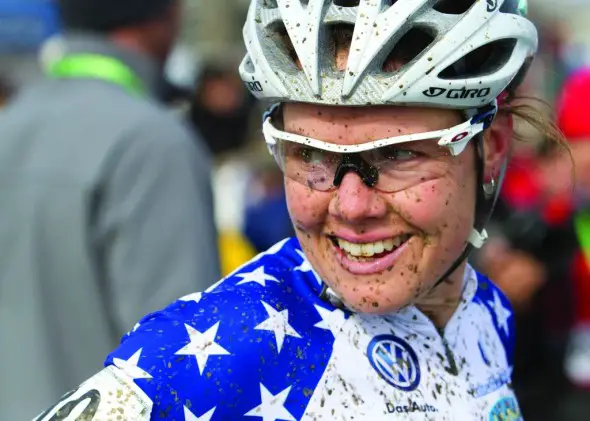 Georgia Gould smiles through anything: even after a first lap pile-up at Worlds. © Nathan Hofferber