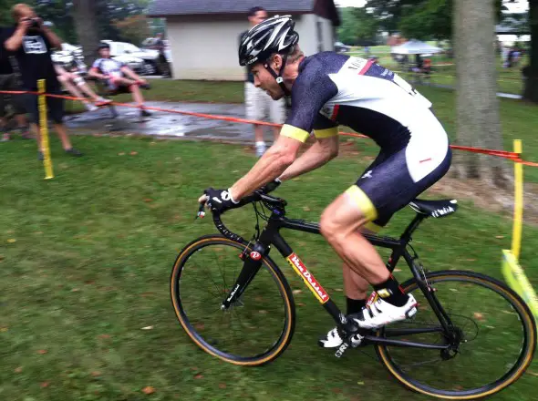 Brad White (Moms In Tow Cyclocross) stormed to defend his top podium spot and take the coveted winner's jersey. © Kristie Hancock