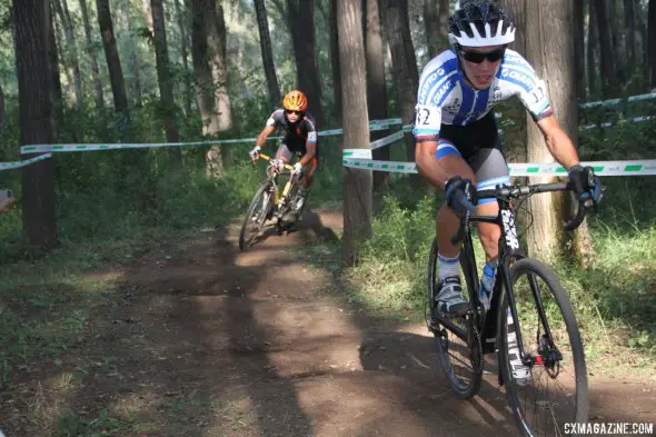 Josh Johnson (Giant) leading Jared Nieter (Seavs/Haymarket) in their chase of a top ten result. Elite Men, Qiansen Trophy UCI C2 Cyclocross Event. © Cyclocross Magazine