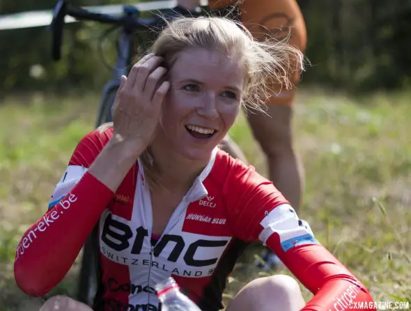 Kloppenburg rests and is happy with her win and big pay day. Qiansen Trophy UCI C2 Cyclocross Event. © Cyclocross Magazine
