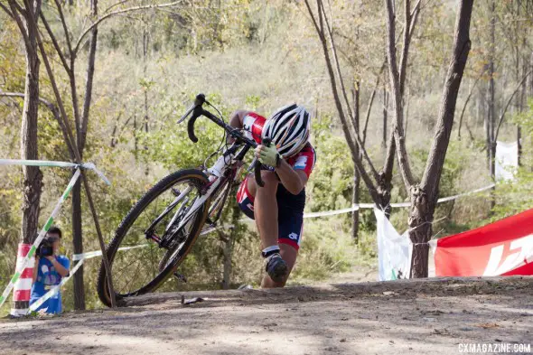 Japan's Miyauchi found the giant steps challenging for her height. Qiansen Trophy UCI C2 Cyclocross Event. © Cyclocross Magazine