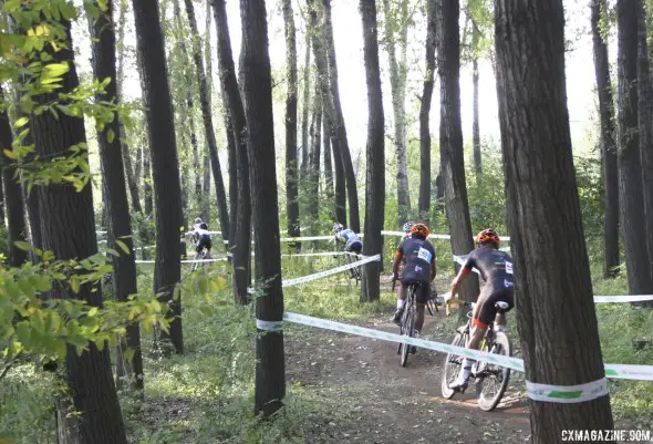 Schempf leading his Seavs/Haymarket teammate Nieter through the woods. Elite Men, Qiansen Trophy UCI C2 Cyclocross Event. © Cyclocross Magazine