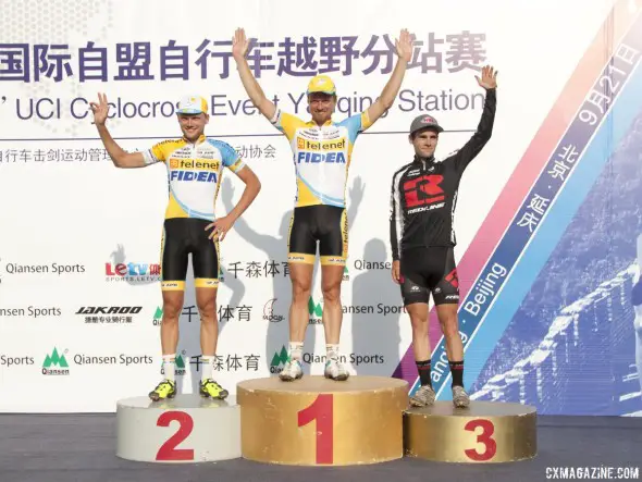 China's first UCI men's podium. Jouffroy, Al, and Lindine. Elite Men, Qiansen Trophy UCI C2 Cyclocross Event. © Cyclocross Magazine