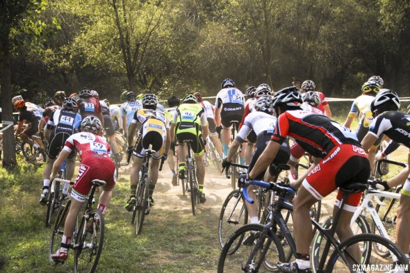The congested first corner of the Elite Men's race, Qiansen Trophy UCI C2 Cyclocross Event. © Cyclocross Magazine