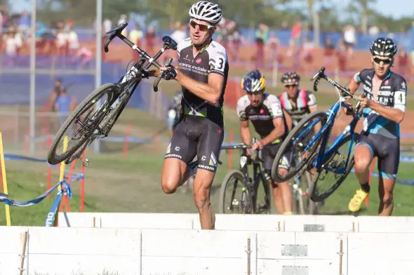 Trebon leads over the barriers. © Todd Prekaski