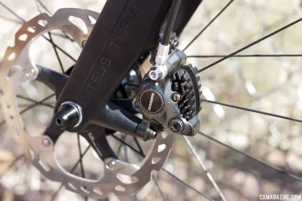Shimano's new R785 hydraulic disc brake on a Felt F1X with 160mm rotors. Shimano recommends 140mm front and rear. © Cyclocross Magazine
