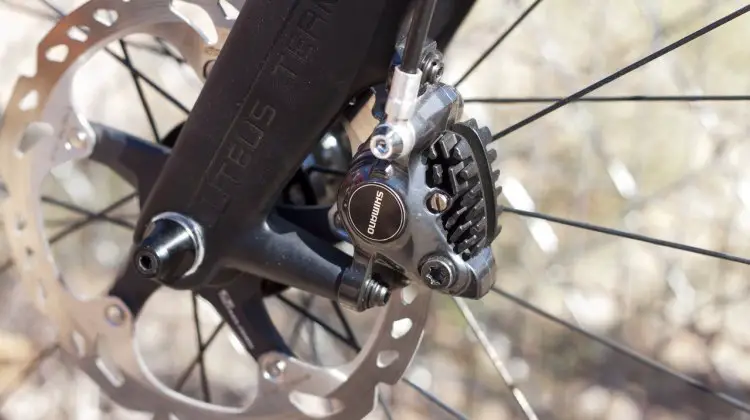 Shimano's new R785 hydraulic disc brake on a Felt F1X with 160mm rotors. Shimano recommends 140mm front and rear. © Cyclocross Magazine