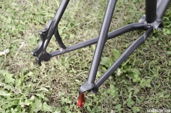 IS brake mount, no chainstay bridge, and replaceable derailleur hanger. 2014 Van Dessel Aloominator cyclocross frame. © Cyclocross Magazine IS brake mount, no chainstay bridge, and replaceable derailleur hanger. 2014 Van Dessel Aloominator cyclocross frame. © Cyclocross Magazine