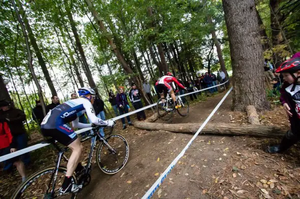  Jake Wells and Stephen Hyde roar through the woods on Sunday. © Brian Boucheron 