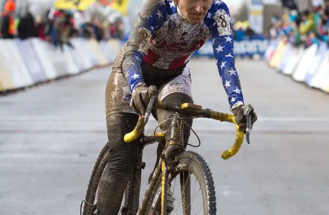 Amy Dombroski living it up at the 2013 World Championships in Louisville. © Nathan Hofferber / Cyclocross Magazine