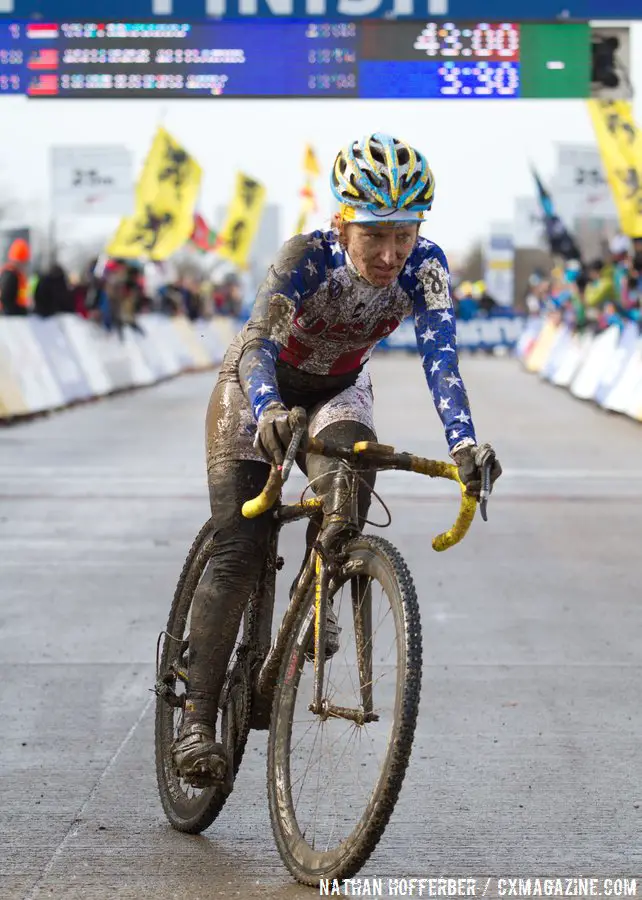 Amy Dombroski living it up at the 2013 World Championships in Louisville. © Nathan Hofferber / Cyclocross Magazine