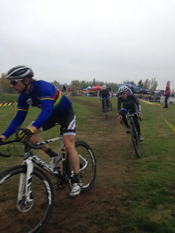 Russell Stevenson (Voler Custom CX), left, leads Steve Fisher (Raleigh - HIFI) in the men's elite race. © Robert Grunau