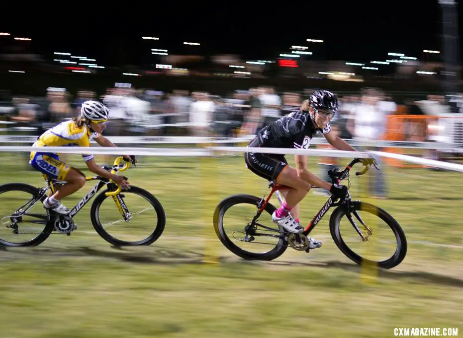 Powers leads Dombroski late in the race at CrossVegas 2012. ©Clifford Lee / Cyclocross Magazine