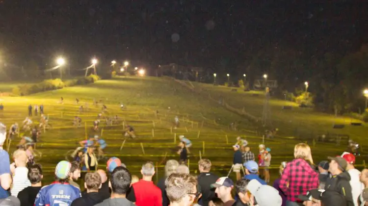 The packed beer garden was the optimal vantage point for witnessing others' suffering on a ski hill tape maze. © Colin Reuter