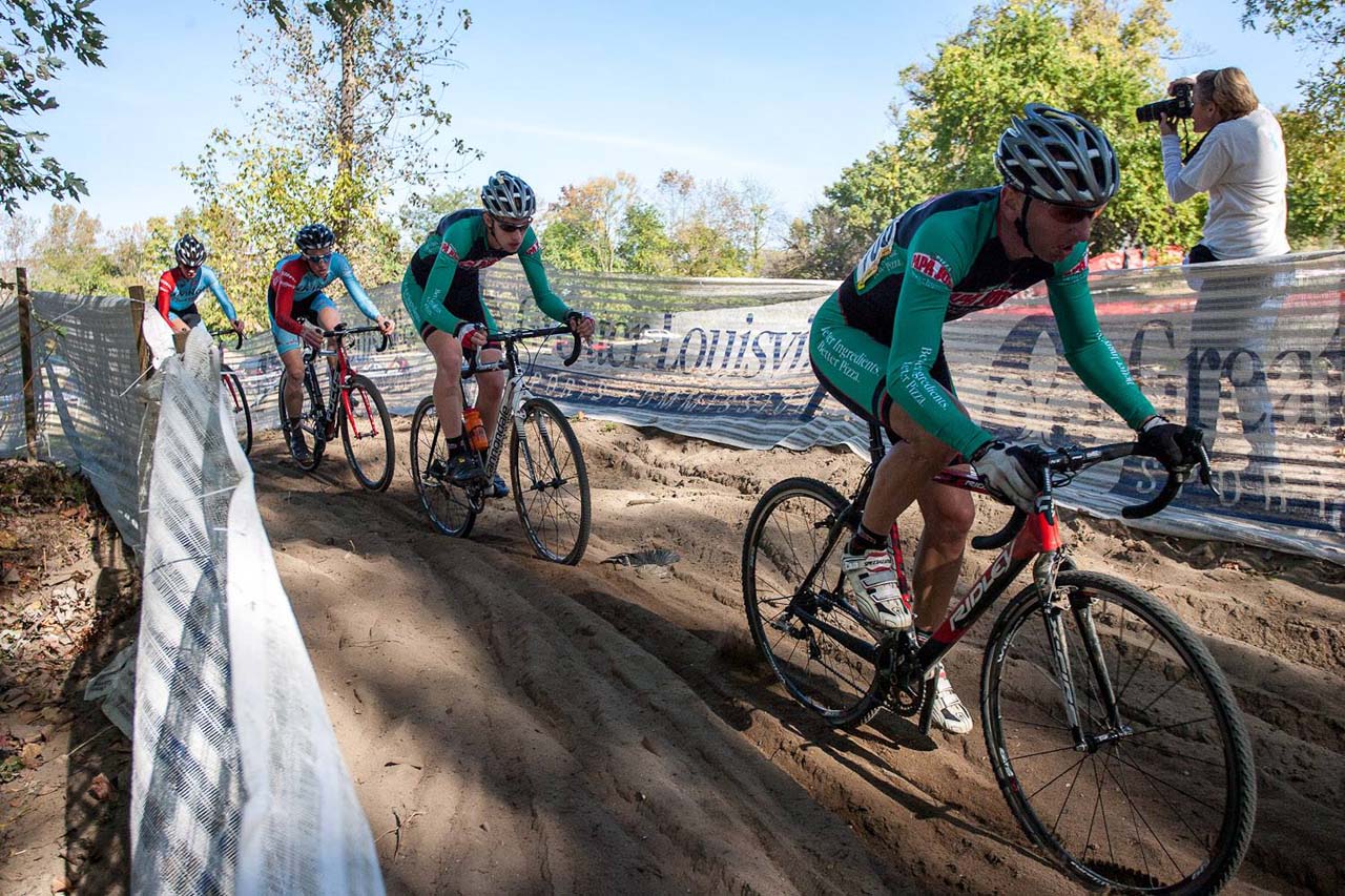 The early leaders of the Men's Elite race hit the deep sand. OVCX 2013. photo: © Kent Baumgardt