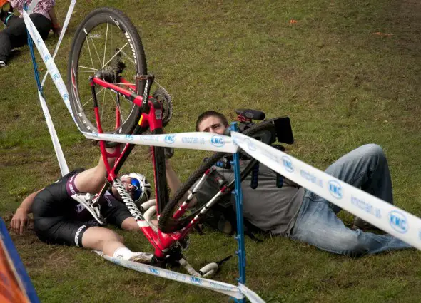 This racer narrowly landed his big air attempt during practice but a cameraman was occupying a particular piece of real estate he needed to finish the job. © Kevin White