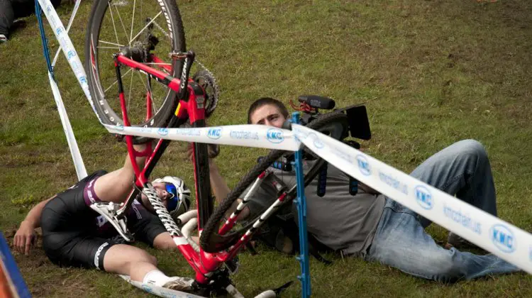 This racer narrowly landed his big air attempt during practice but a cameraman was occupying a particular piece of real estate he needed to finish the job. © Kevin White