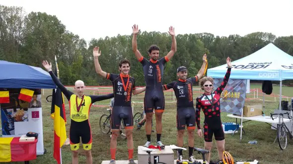 Men's elite podium at Tacchino CX. © Neil Schirmer