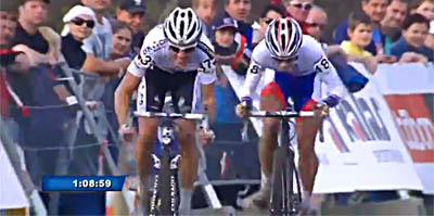 Philipp Walsleben and Lars van der Haar sprint for the 2013 Cyclocross World Cup win in Tabor, Czech Republic.