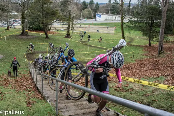 Racers make their way up the massive set of stairs, one of the unique features of the course. © Patrick Burnham