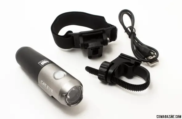 CatEye Volt 300 LED bike headlight comes with helmet and handlebar mounts, and USB charging cord. © Cyclocross Magazine