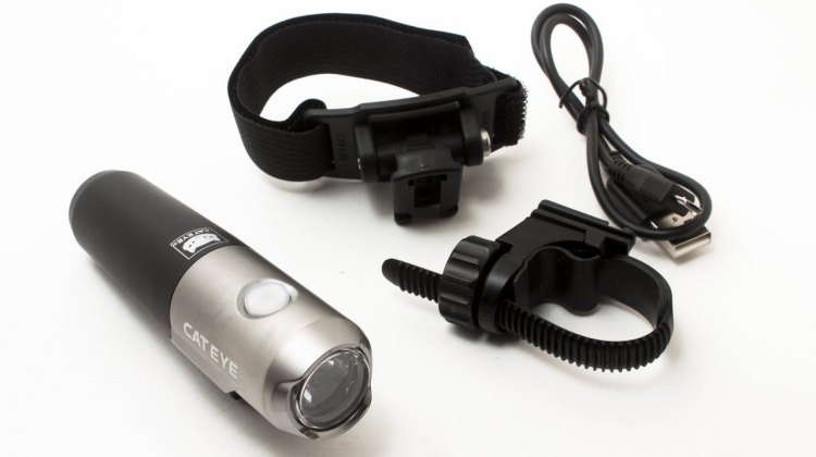 CatEye Volt 300 LED bike headlight comes with helmet and handlebar mounts, and USB charging cord. © Cyclocross Magazine