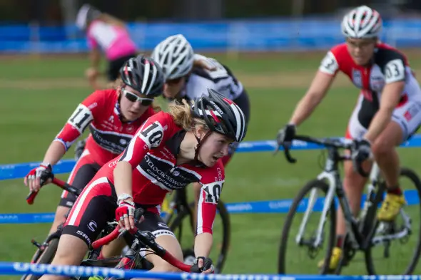 Maghalie Rochette leads teammate Emma White through a corner. © Todd Prekaski