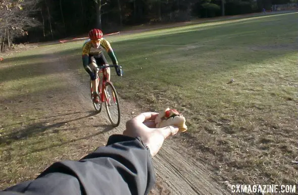 A hamburger with all the fixin's captures this racer's eye. Frank-N-Horst, November 7, 1998. © Cyclocross Magazine