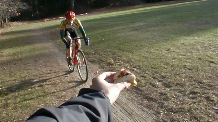 A hamburger with all the fixin's captures this racer's eye. Frank-N-Horst, November 7, 1998. © Cyclocross Magazine