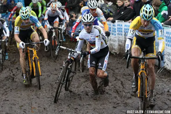 Philipp Walsleben is getting used to running through the crowds this season.  Homme Zogge 2013. © Bart Hazen / Cyclocross Magazine