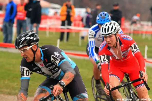 Ben Berden and Logan Owen at the front  on Day 2 of Jingle Cross Rock. © Michael McColgan