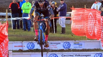 Berden hopping the barriers on the last day of Jingle Cross Rock 2013. © Mike McColgan