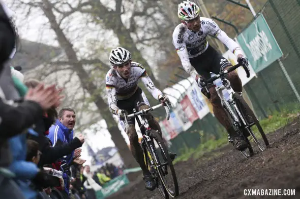Sven Nys, right, and Philipp Walsleben battle at the Gavere Superprestige. © Bart Hazen / Cyclocross Magazine