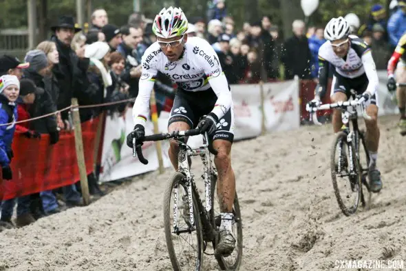 Sven Nys leads Niels Albert through the sand at the GP Hasselt 2013 race. © Bart Hazen / Cyclocross Magazine