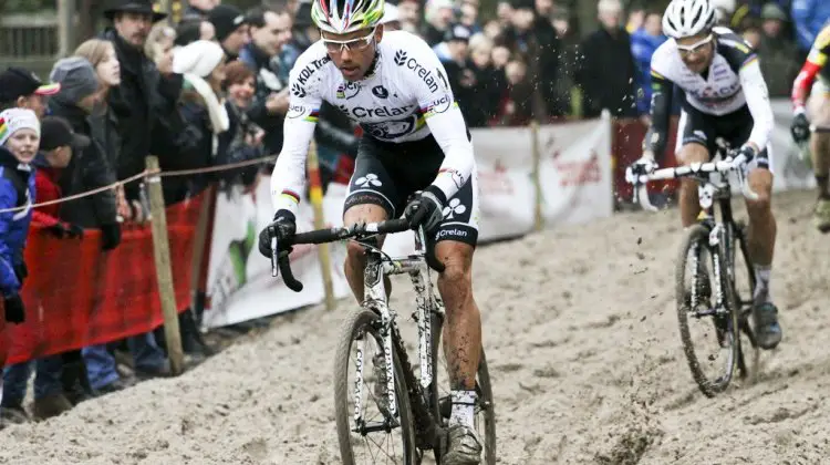 Sven Nys led Niels Albert through the sane at the GP Hasselt 2013 race. © Bart Hazen / Cyclocross Magazine